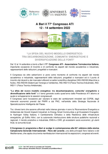 A Bari il 77 Congresso ATI 12 - 14 settembre 2022