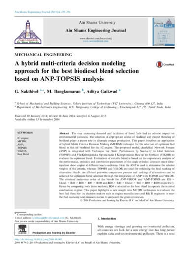 A hybrid multi-criteria decision modeling approach for the best biodiesel blend selection based on ANP-TOPSIS analysis