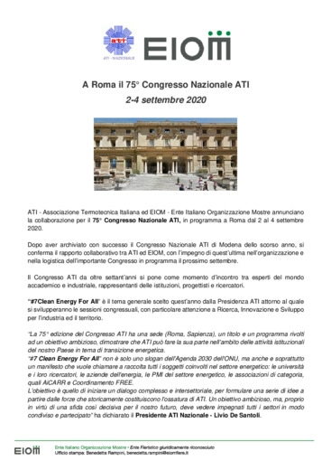 A Roma il 75° Congresso Nazionale ATI 2-4 settembre 2020
