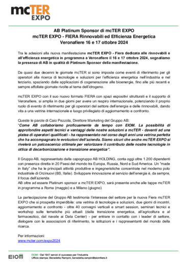 AB Platinum Sponsor di mcTER EXPO - FIERA Rinnovabili ed Efficienza Energetica Veronafiere 16 e 17 ottobre 2024