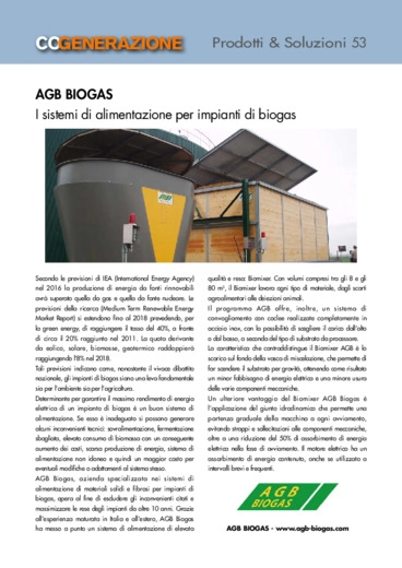 AGB BIOGAS. I sistemi di alimentazione per impianti di biogas