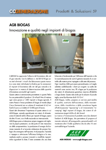 AGB BIOGAS. Innovazione e qualit negli impianti di biogas