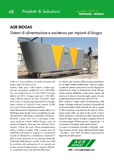 AGB BIOGAS. Sistemi di alimentazione e assistenza per impianti di biogas