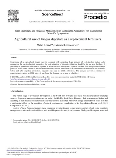 Agricultural use of biogas digestate as a replacement fertilizers