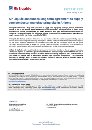 Air Liquide annuncia un accordo a lungo termine per la fornitura di un sito di produzione di semiconduttori in Arizona