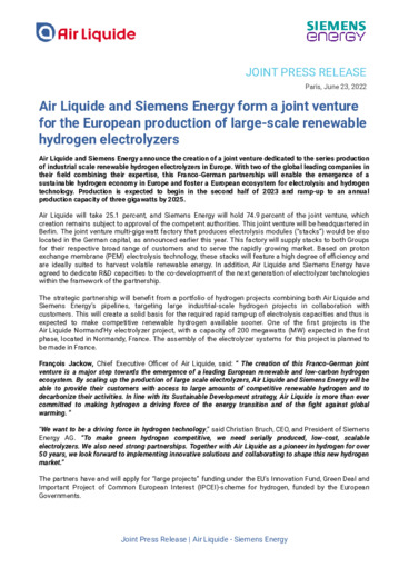 Air Liquide e Siemens Energy creano una JV per produrre elettrolizzatori a idrogeno rinnovabile su larga scala in Europa