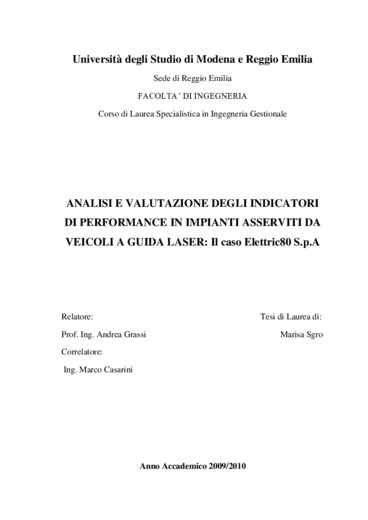 Analisi e valutazione degli indicatori di performance in impianti a guida laser: il caso Elettric80 S.p.A