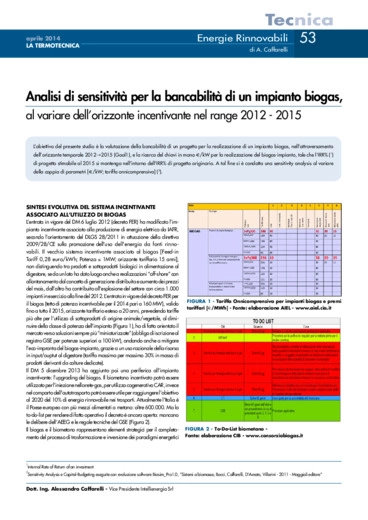Analisi sensitività per la bancabilità di un impianto biogas, al variare dell’orizzonte incentivante nel range 2012-2015