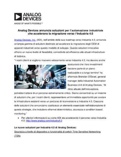 Analog Devices annuncia soluzioni per lautomazione industriale che accelerano la migrazione verso lIndustria 4.0