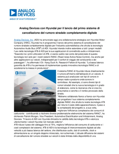 Analog Devices con Hyundai per il lancio del primo sistema di cancellazione del rumore stradale completamente digitale