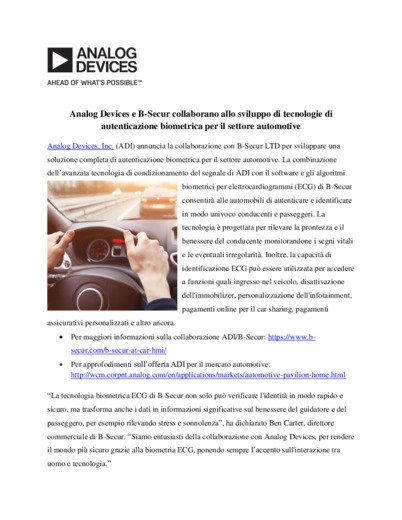 Analog Devices e B-Secur collaborano allo sviluppo di tecnologie di autenticazione biometrica per il settore automotive