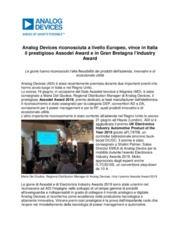 Analog Devices riconosciuta a livello Europeo, vince in Italia il prestigioso Assodel Award e in Gran Bretagna l'Indust