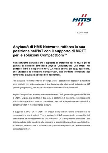 Anybus di HMS Networks rafforza la sua posizione nell'IoT con il supporto di MQTT per le soluzioni CompactCom