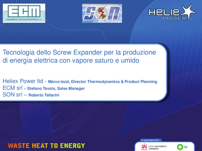 Applicazione dell'espansore a vapore heliex power negli impianti di cogenerazione, biomasse e waste to energy