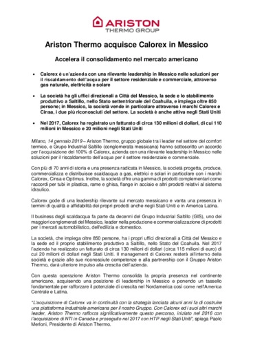 Ariston Thermo acquisce Calorex in Messico <br>Accelera il consolidamento nel mercato americano