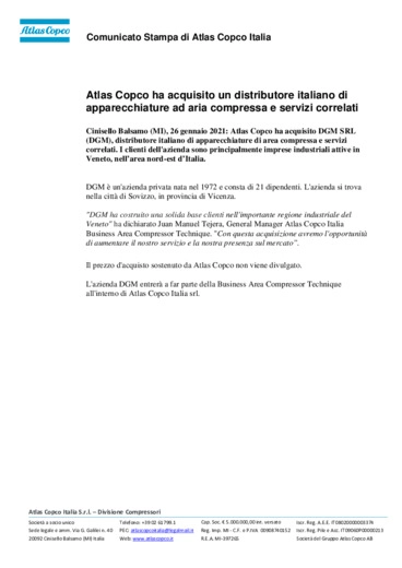 Atlas Copco ha acquisito un distributore italiano di apparecchiature ad aria compressa e servizi correlati
