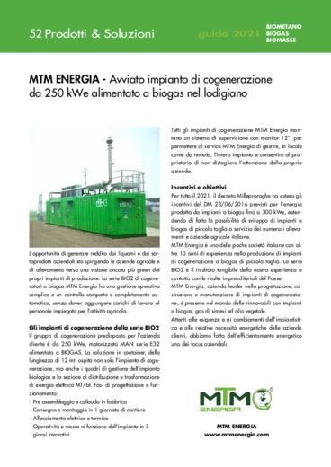 Avviato impianto di cogenerazione da 250 kWe alimentato a biogas nel lodigiano