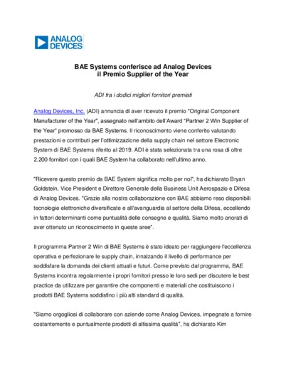 BAE Systems conferisce ad Analog Devices<br>il Premio Supplier of the Year