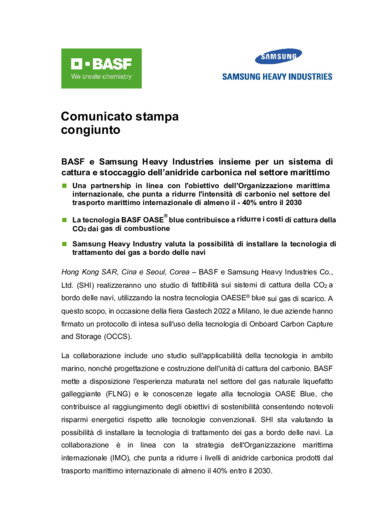 BASF e Samsung Heavy Industries insieme per un sistema di cattura e stoccaggio dell'anidride carbonica nel settore marittimo