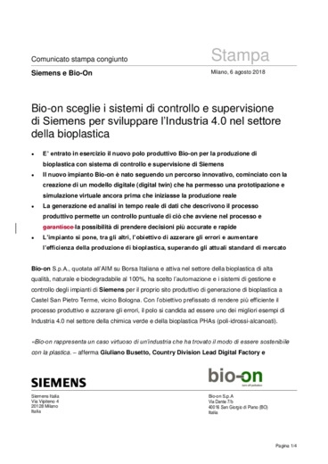 Bio-on sceglie i sistemi di controllo e supervisione Siemens per sviluppare lIndustria 4.0 nel settore bioplastica