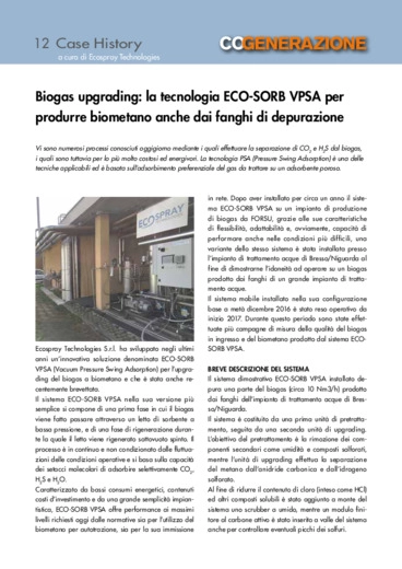 Biogas upgrading: la tecnologia ECO-SORB VPSA per produrre biometano anche dai fanghi di depurazione