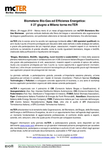 Biometano Bio-Gas ed Efficienza Energetica: il 27 giugno a Milano torna mcTER