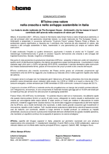 BTicino crea valore nella crescita e nello sviluppo sostenibile in Italia