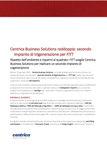 Centrica Business Solutions raddoppia: secondo impianto di trigenerazione per FITT