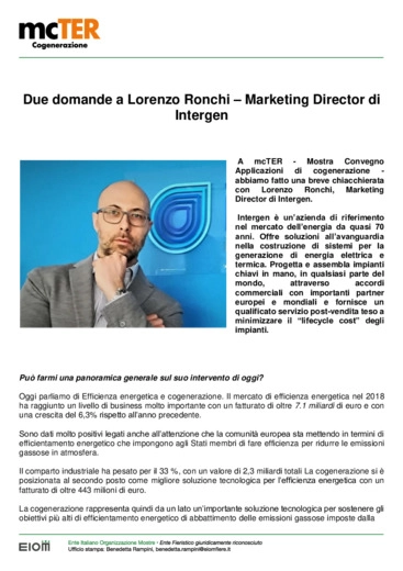 Cogenerazione: due domande a Lorenzo Ronchi - Marketing Director di