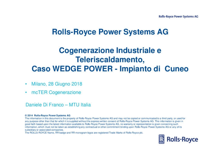 Cogenerazione Industriale e Teleriscaldamento, Caso WEDGE POWER - Impianto di Cuneo