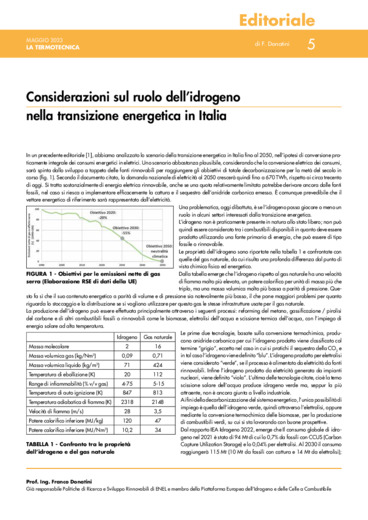 Considerazioni sul ruolo dell'idrogeno nella transizione energetica in Italia