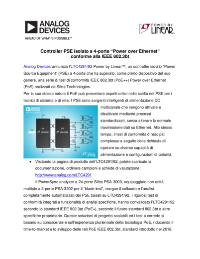 Controller PSE isolato a 4-porte Power over Ethernet conforme alla IEEE 802.3bt