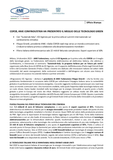 COP28, ANIE Confindustria ha presentato il meglio delle tecnologie green
