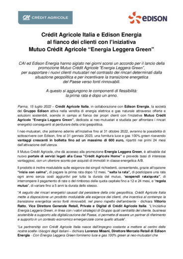 Crdit Agricole Italia e Edison Energia al fianco dei clienti con l'iniziativa Mutuo Crdit Agricole 