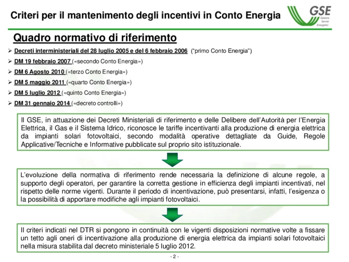 Criteri per il mantenimento degli incentivi in Conto Energia