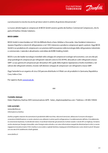 Danfoss annuncia l'intenzione di acquisire il produttore tedesco di compressori BOCK GmbH per rafforzare le sue competenze CO2 e refrigeranti naturali