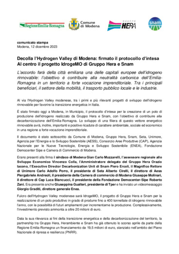 Decolla l'Hydrogen Valley di Modena: firmato il protocollo d'intesa. Al centro il progetto IdrogeMO di Gruppo Hera e Snam
