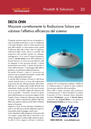 Delta Ohm. Misurare correttamente la radiazione solare per valutare leffettiva efficienza del sistema
