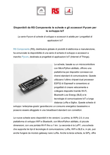 Disponibili da RS Components le schede e gli accessori Pycom per lo sviluppo IoT