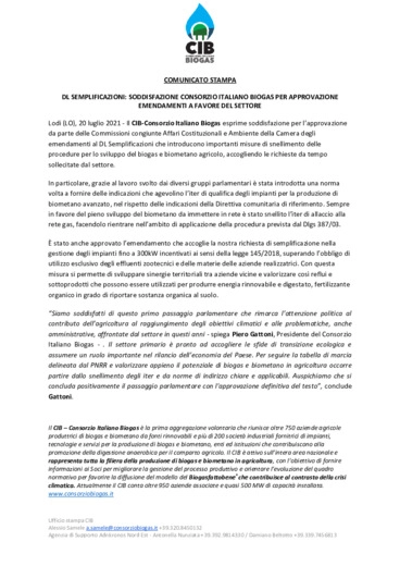 Dl semplificazioni: soddisfazione consorzio italiano biogas per approvazione emendamenti a favore del settore
