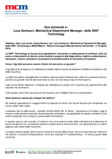 Due domande a: Luca Santucci, Mechanical Department Manager, della SINT