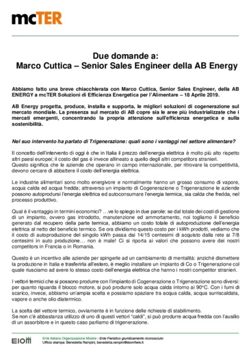 Due domande a Marco Cuttica - Senior Sales Engineer della AB Energy