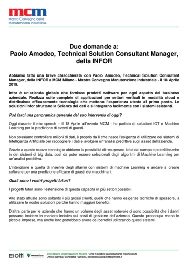 Due domande a: Paolo Amodeo - Technical Solution Consultant Manager - della INFOR