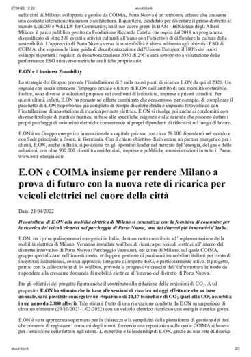 E.ON e COIMA insieme per rendere Milano a prova di futuro con la nuova rete di ricarica per veicoli elettrici nel cuore della città
