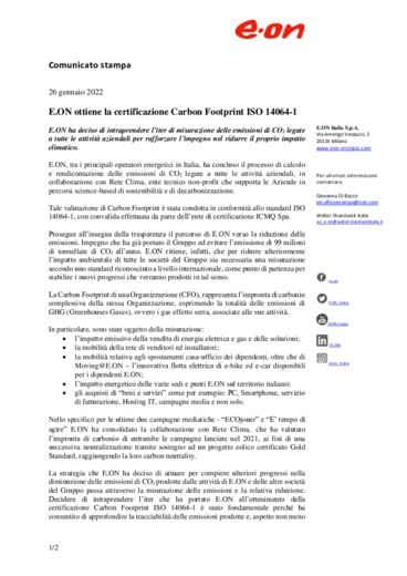 E.ON ottiene la certificazione Carbon Footprint ISO 14064-1