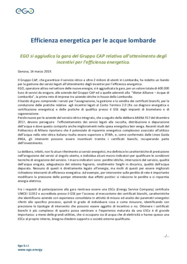 EGO si aggiudica la gara  relativa all'ottenimento degli incentivi per l'efficienza energetica per le acque lombarde.