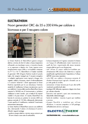 ELECTRATHERM. Nuovi generatori ORC da 35 a 200 kWe per caldaie a biomassa e per il recupero calore