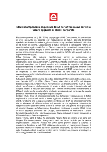Electrocomponents acquisisce IESA per offrire nuovi servizi a valore aggiunto ai clienti corporate