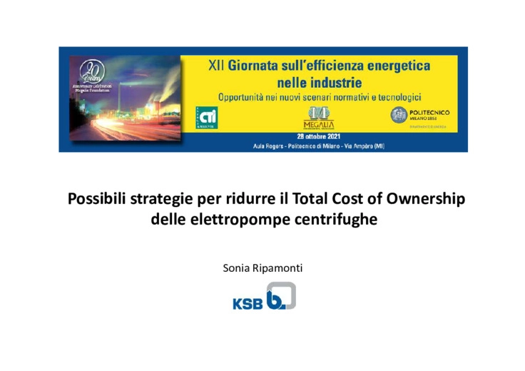 Possibili strategie per ridurre il Total Cost of Ownership delle elettropompe centrifughe