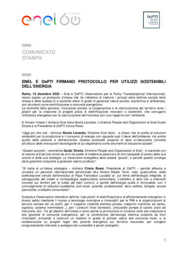 Enel e OsPTI firmano protocollo per utilizzi sostenibili dell'energia